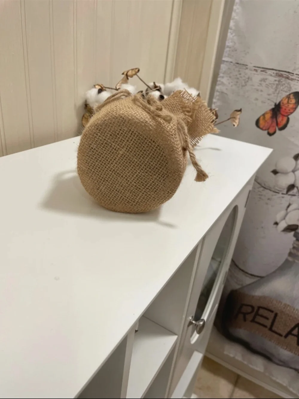Kirklands Cotton Stem Burlap Bundle - White & Brown